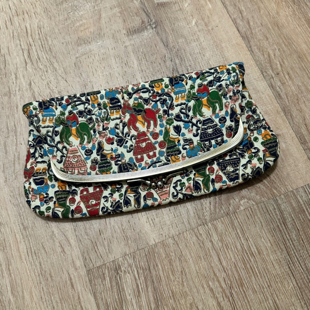 Vintage 1940s‎ Hand Painted Whimsical Pattern Fold-Over Kiss Clasp Clutch Purse